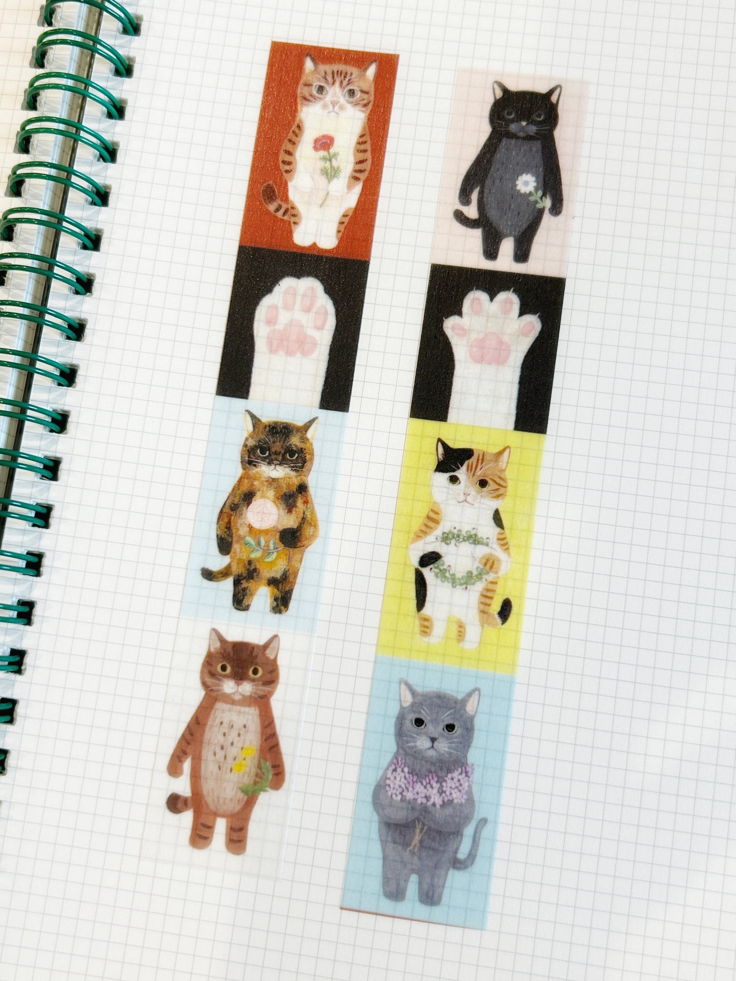 4Legs washi tape titled 'Cats A,' featuring cute cat illustrations in various poses, Japanese stationery ideal for adding a playful touch to planners, journals, and crafts.