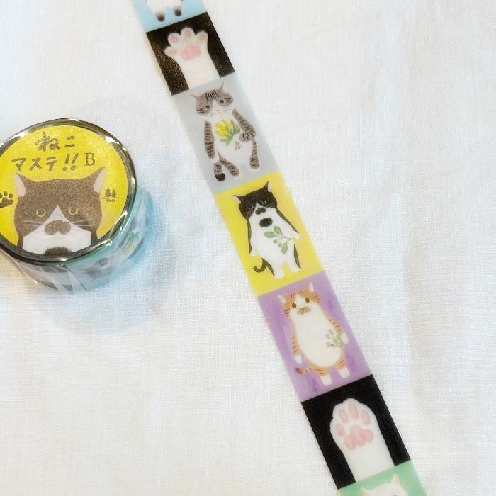 4Legs washi tape titled 'Cats B,' featuring cute cat illustrations in various poses, Japanese stationery ideal for adding a playful touch to planners, journals, and crafts.