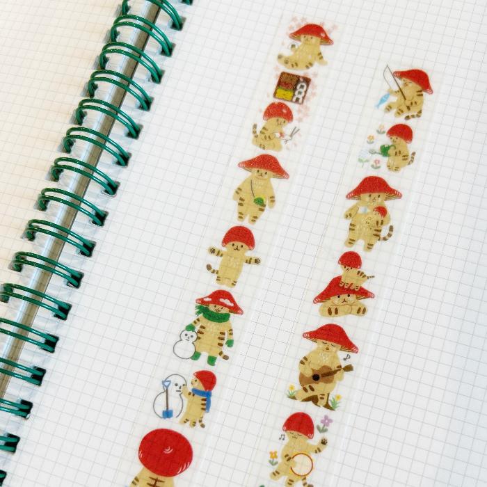 4Legs washi tape titled 'Mushroom Cat,' featuring whimsical illustrations of a cat with a mushroom hat, Japanese stationery perfect for adding a cute, nature-inspired touch to planners, journals, and crafts.