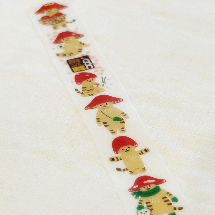4Legs washi tape titled 'Mushroom Cat,' featuring whimsical illustrations of a cat with a mushroom hat, Japanese stationery perfect for adding a cute, nature-inspired touch to planners, journals, and crafts.