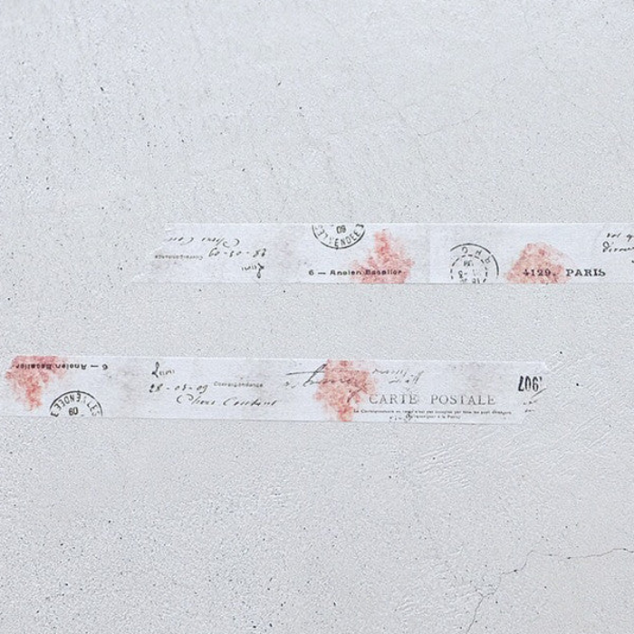 YOHAKU washi tape titled 'Postcard' (Y-026), featuring vintage postcard-inspired designs with text and stamp details, Japanese stationery ideal for adding a nostalgic, travel-themed touch to planners, journals, and crafts