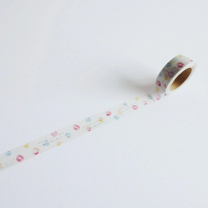 YOHAKU washi tape titled 'Brilliance' (Y-073), featuring watercolor-like dots in soft pink, blue, and yellow with delicate script accents, ideal for creative journaling, scrapbooking, and decorative projects.