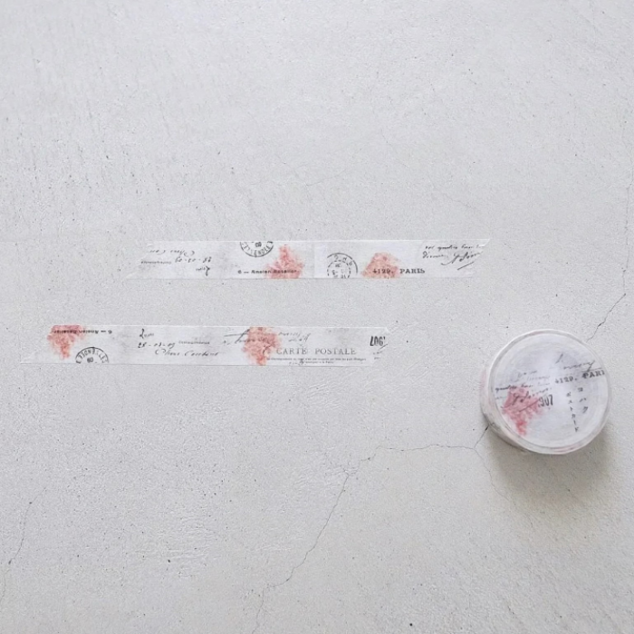 YOHAKU washi tape titled 'Postcard' (Y-026), featuring vintage postcard-inspired designs with text and stamp details, Japanese stationery ideal for adding a nostalgic, travel-themed touch to planners, journals, and crafts