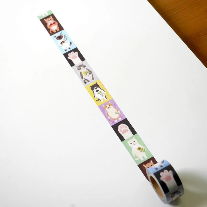 4Legs washi tape titled 'Cats B,' featuring cute cat illustrations in various poses, Japanese stationery ideal for adding a playful touch to planners, journals, and crafts.