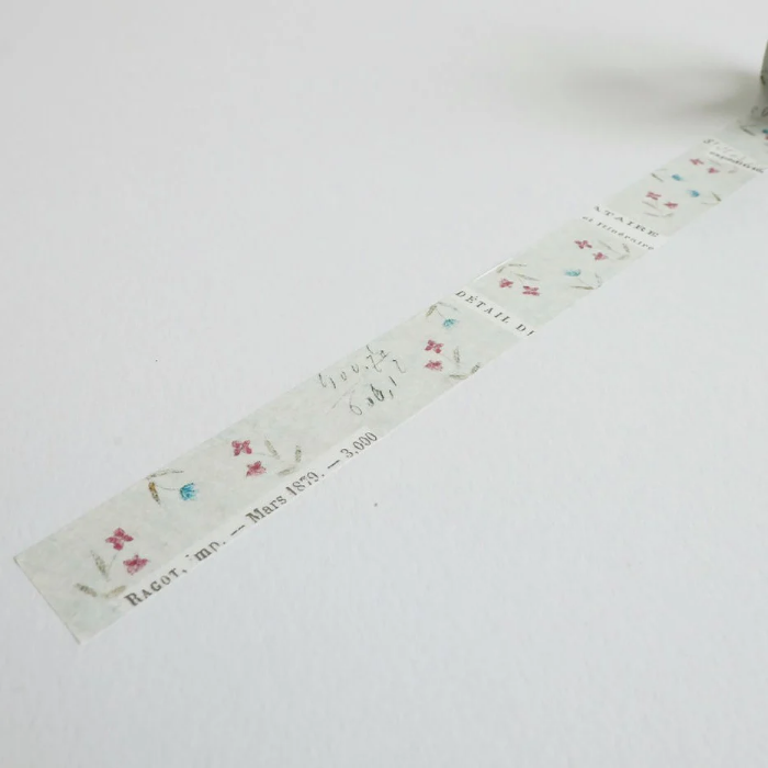 YOHAKU washi tape titled 'Flower Garden' (Y-068), featuring blue and red floral designs with typed lettering, perfect for journaling, scrapbooking, and adding floral accents to crafts.