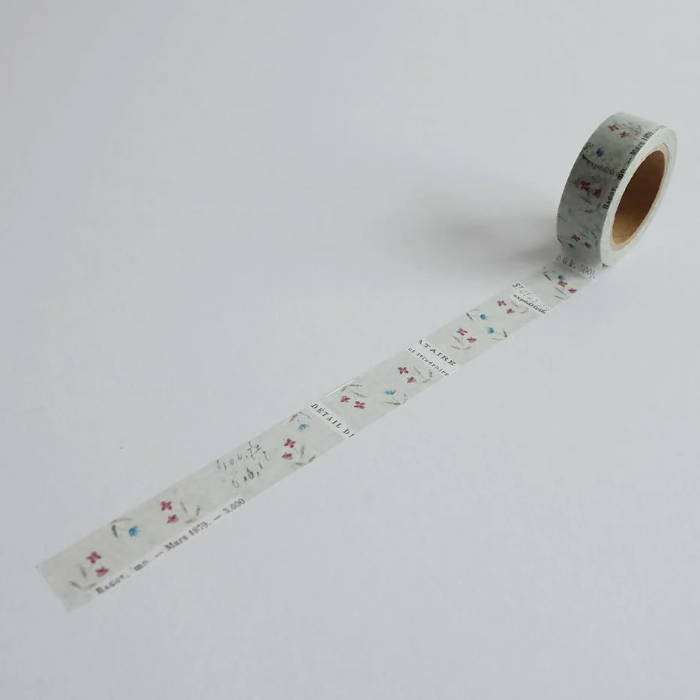 YOHAKU washi tape titled 'Flower Garden' (Y-068), featuring blue and red floral designs with typed lettering, perfect for journaling, scrapbooking, and adding floral accents to crafts.