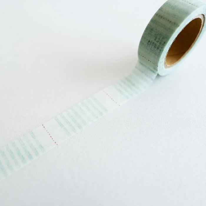 YOHAKU washi tape titled 'Little Song' (Y-148), featuring delicate green stripes on a white background with soft pink dot accents, ideal for adding subtle charm to journaling, scrapbooking, and crafts.