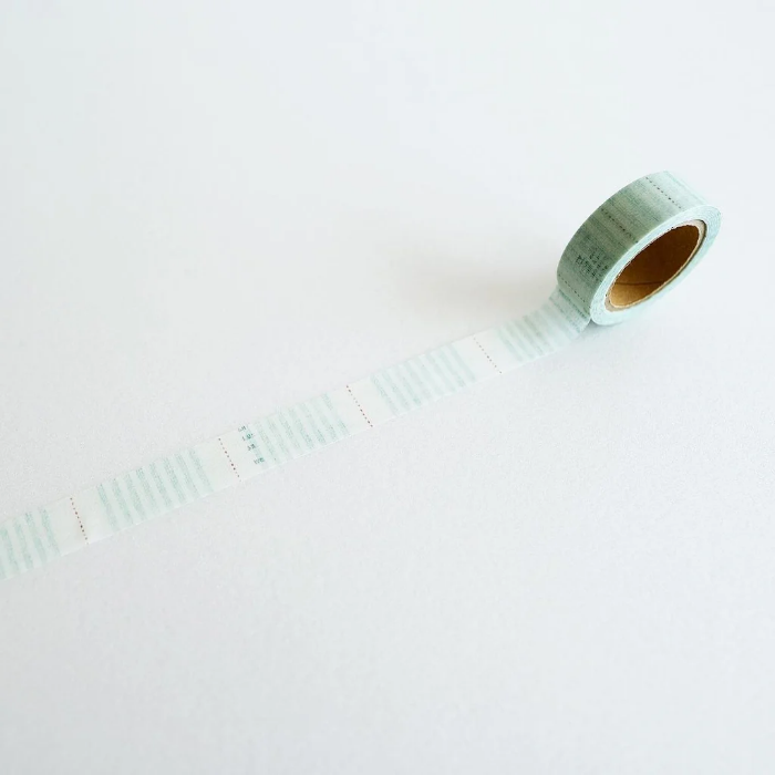 YOHAKU washi tape titled 'Little Song' (Y-148), featuring delicate green stripes on a white background with soft pink dot accents, ideal for adding subtle charm to journaling, scrapbooking, and crafts.