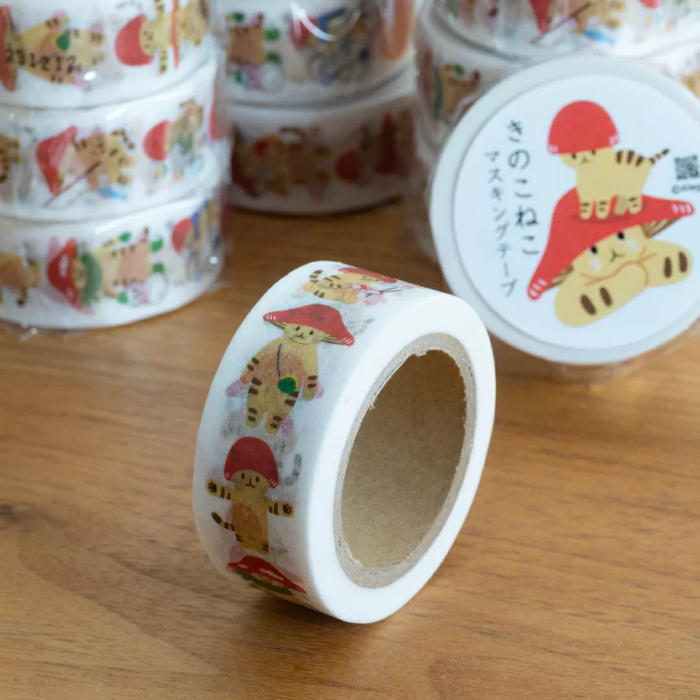 4Legs washi tape titled 'Mushroom Cat,' featuring whimsical illustrations of a cat with a mushroom hat, Japanese stationery perfect for adding a cute, nature-inspired touch to planners, journals, and crafts.
