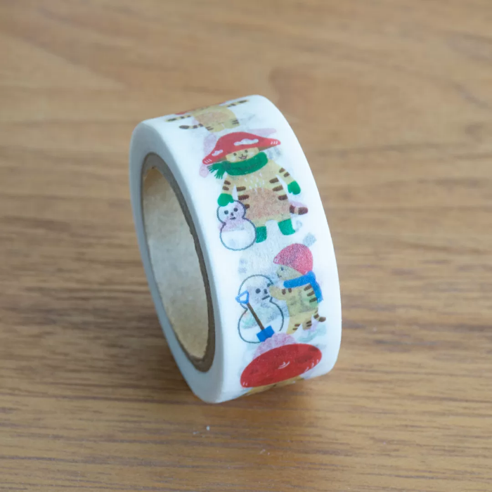 4Legs washi tape titled 'Mushroom Cat,' featuring whimsical illustrations of a cat with a mushroom hat, Japanese stationery perfect for adding a cute, nature-inspired touch to planners, journals, and crafts.
