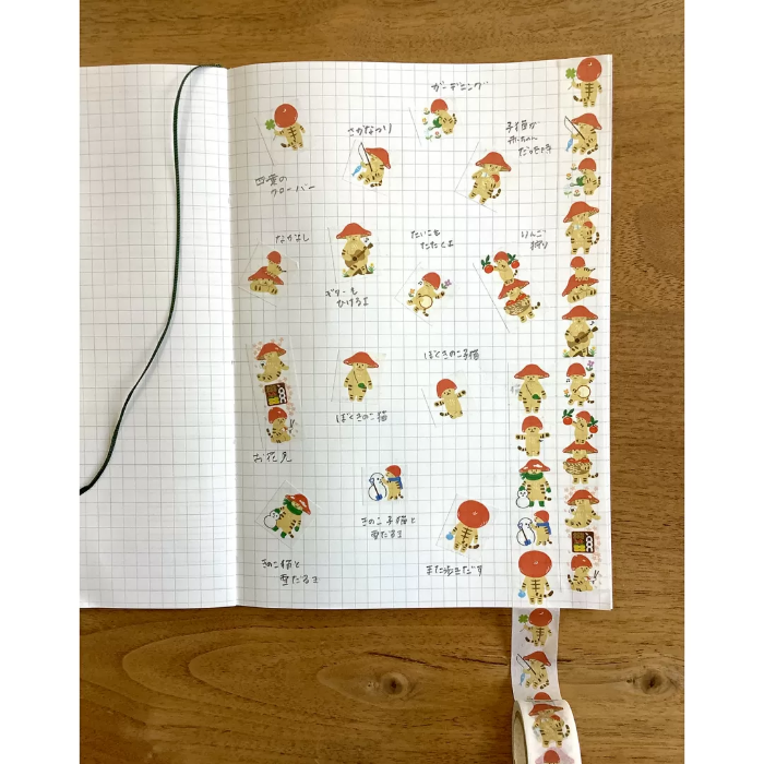 4Legs washi tape titled 'Mushroom Cat,' featuring whimsical illustrations of a cat with a mushroom hat, Japanese stationery perfect for adding a cute, nature-inspired touch to planners, journals, and crafts.