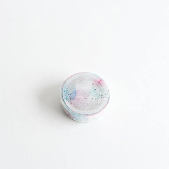 YOHAKU washi tape titled 'Palette' (Y-144), featuring soft pastel pink and blue watercolor-like design, ideal for adding a gentle, artistic accent to planners, journals, and creative projects.