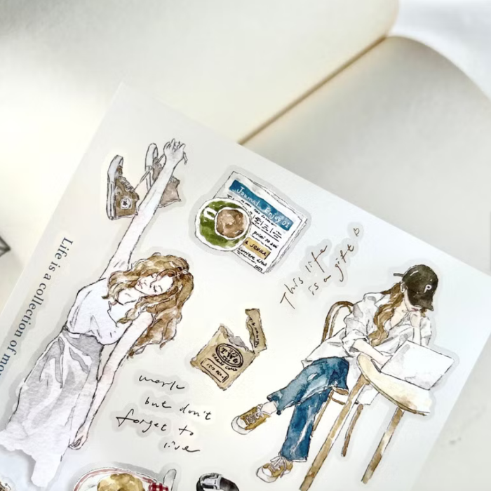 Pion transfer sticker titled 'Chill Vol. 1,' featuring soothing illustrations of cozy scenes and relaxing elements, Japanese stationery perfect for adding a tranquil, laid-back touch to planners, journals, and crafts.