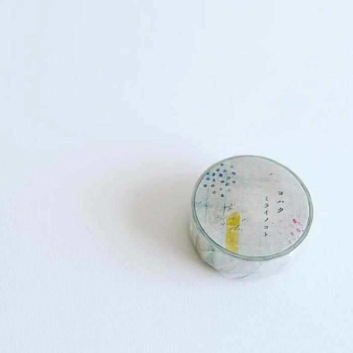 YOHAKU washi tape titled 'Future' (Y-091), featuring a vibrant collage design with yellow, green, and pink hues complemented by elegant script, perfect for adding a creative, colorful touch to planners, journals, and artistic projects.