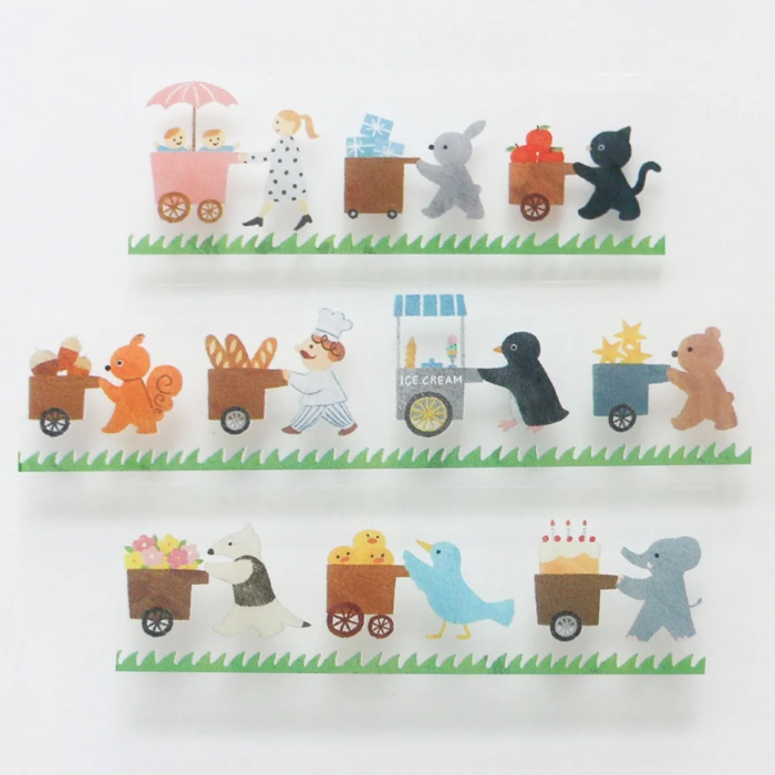 Mariko Fukuoka masking tape titled 'Let's Carry!,' featuring playful illustrations of animals carrying items, Japanese stationery perfect for adding a whimsical touch to planners, journals, and crafts.