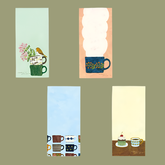 Midori Asano memo pad titled 'My Favorite Mugs,' featuring charming illustrations of various mugs and cups, Japanese stationery ideal for note-taking and decorating planners or journals.