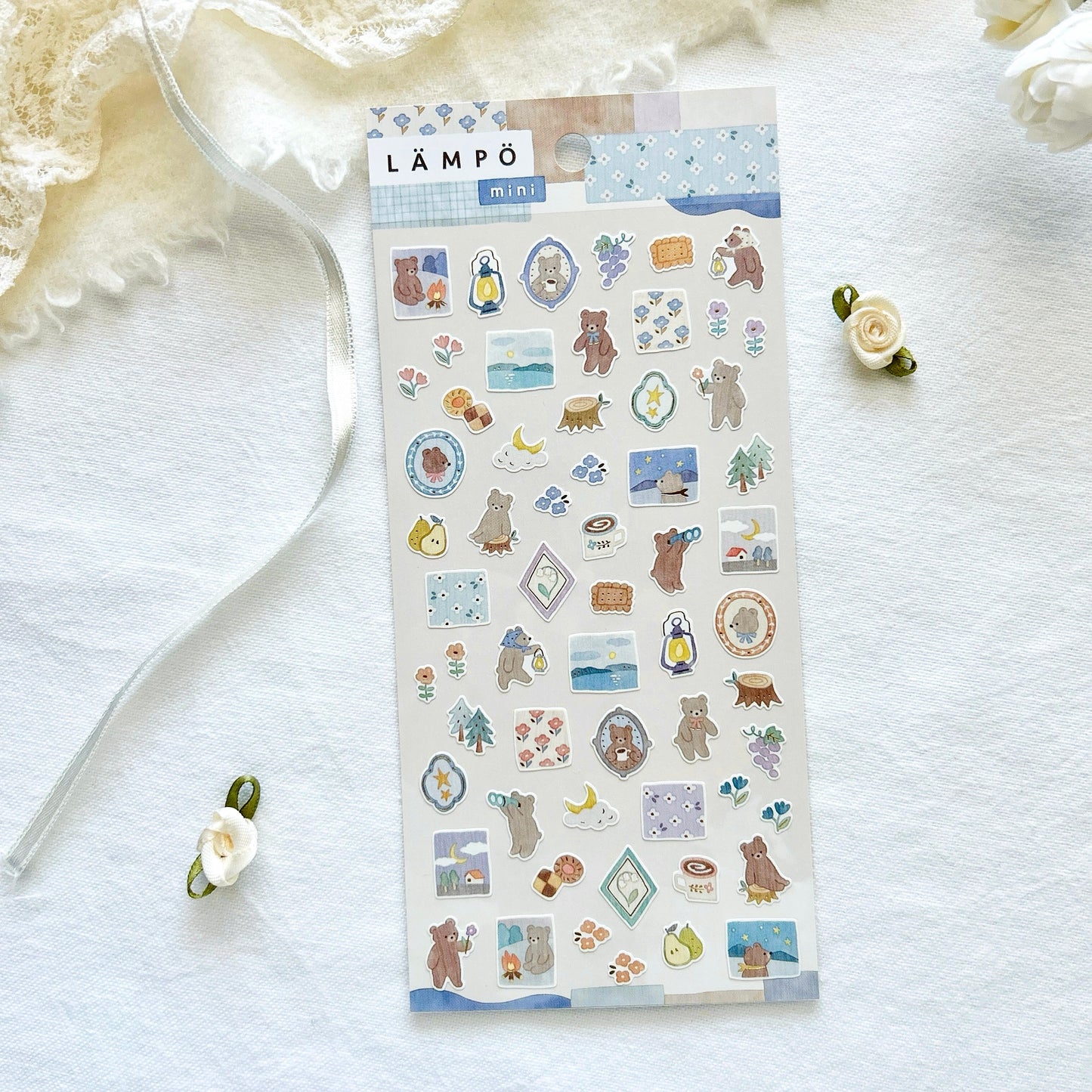Sheet of decorative stickers with various cute kawaii bear designs.