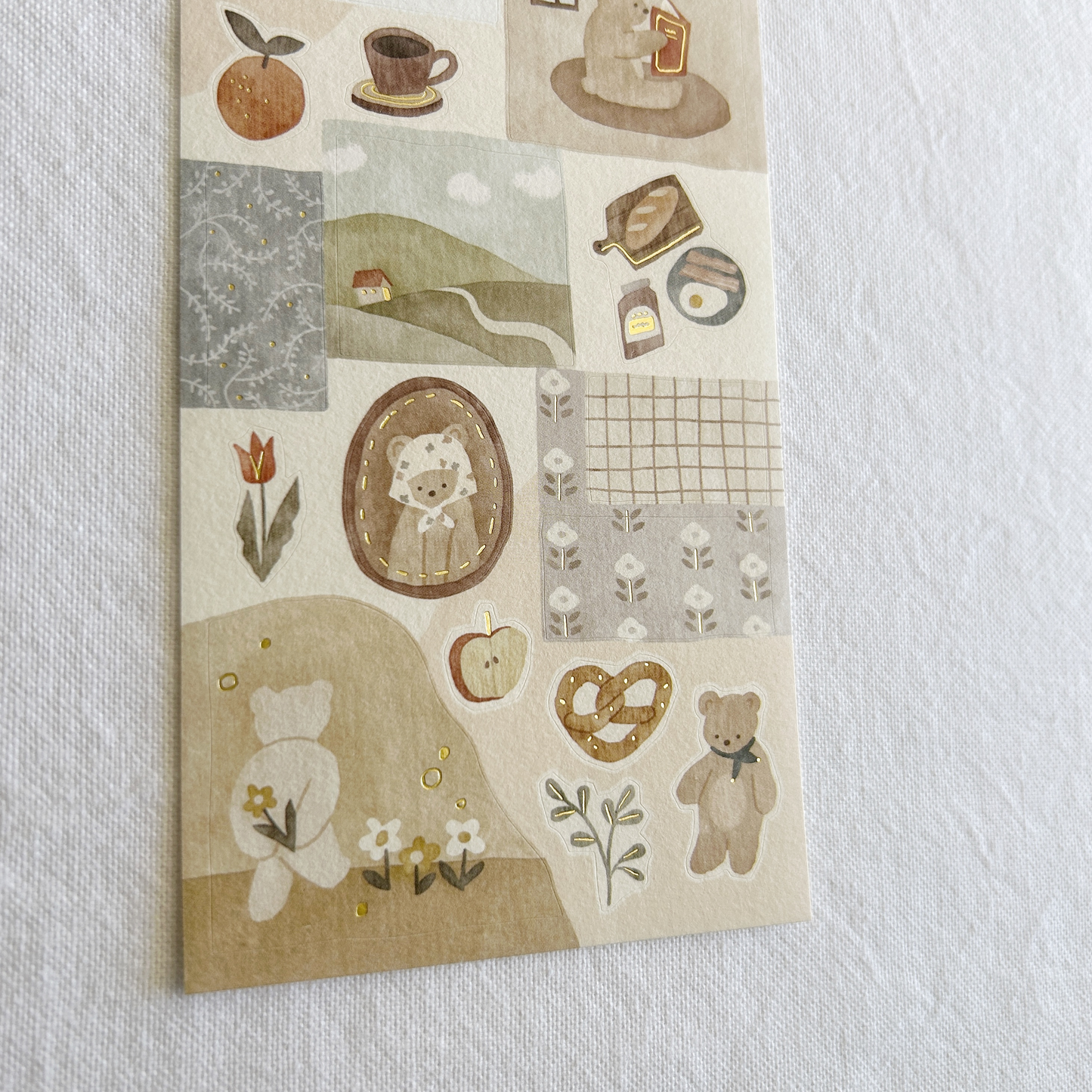 Mind Wave Lampo - Morning With Bear sticker sheet. Ideal for adding a serene, heartwarming touch to journals, planners, and scrapbooks.