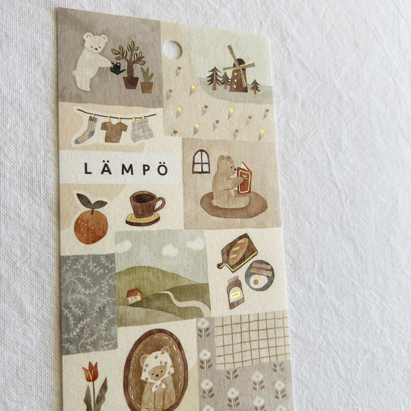 Mind Wave Lampo - Morning With Bear sticker sheet. Ideal for adding a serene, heartwarming touch to journals, planners, and scrapbooks.