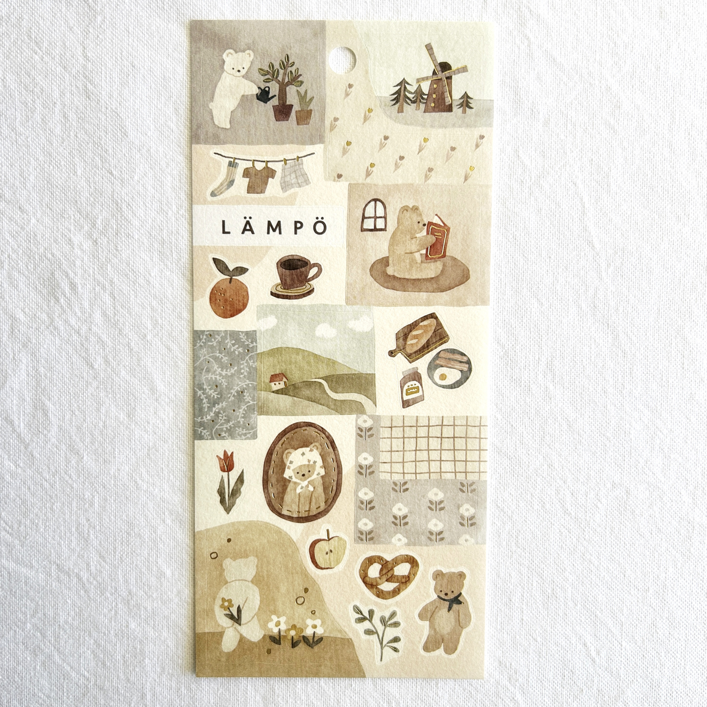 Mind Wave Lampo - Morning With Bear sticker sheet. Ideal for adding a serene, heartwarming touch to journals, planners, and scrapbooks.