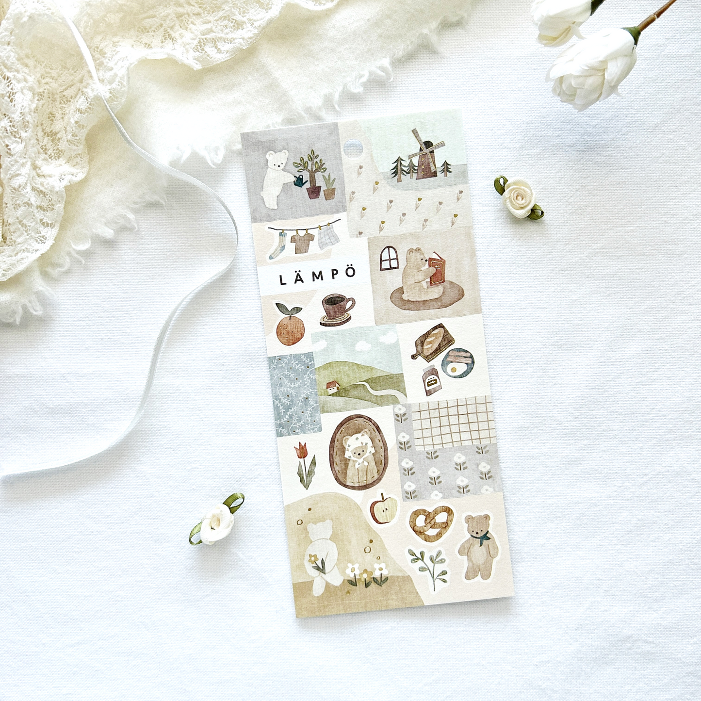 Mind Wave Lampo - Morning With Bear sticker sheet. Ideal for adding a serene, heartwarming touch to journals, planners, and scrapbooks.