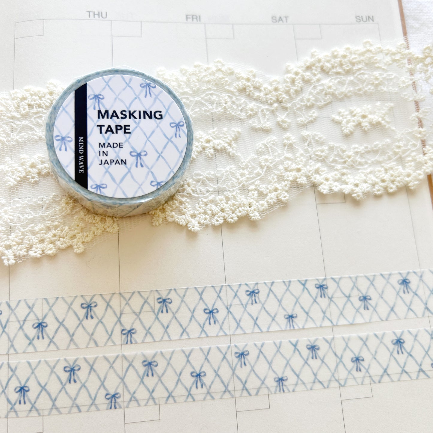 Mind Wave Washi Tape - Check Pattern - Blue Bows