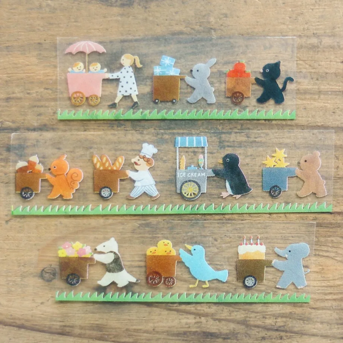 Mariko Fukuoka masking tape titled 'Let's Carry!,' featuring playful illustrations of animals carrying items, Japanese stationery perfect for adding a whimsical touch to planners, journals, and crafts.