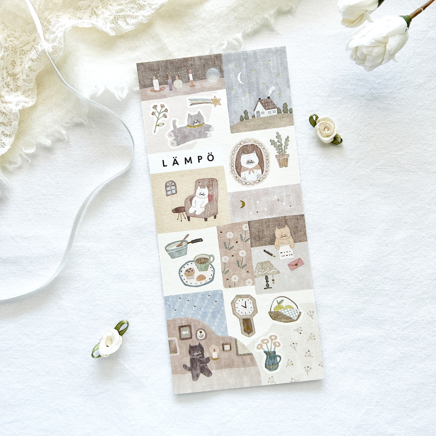 Mind Wave Lampo - Cat and Night sticker sheet. Ideal for decorating journals, planners, scrapbooks, and letters, these stickers add a touch of nighttime charm and feline enchantment to any project.