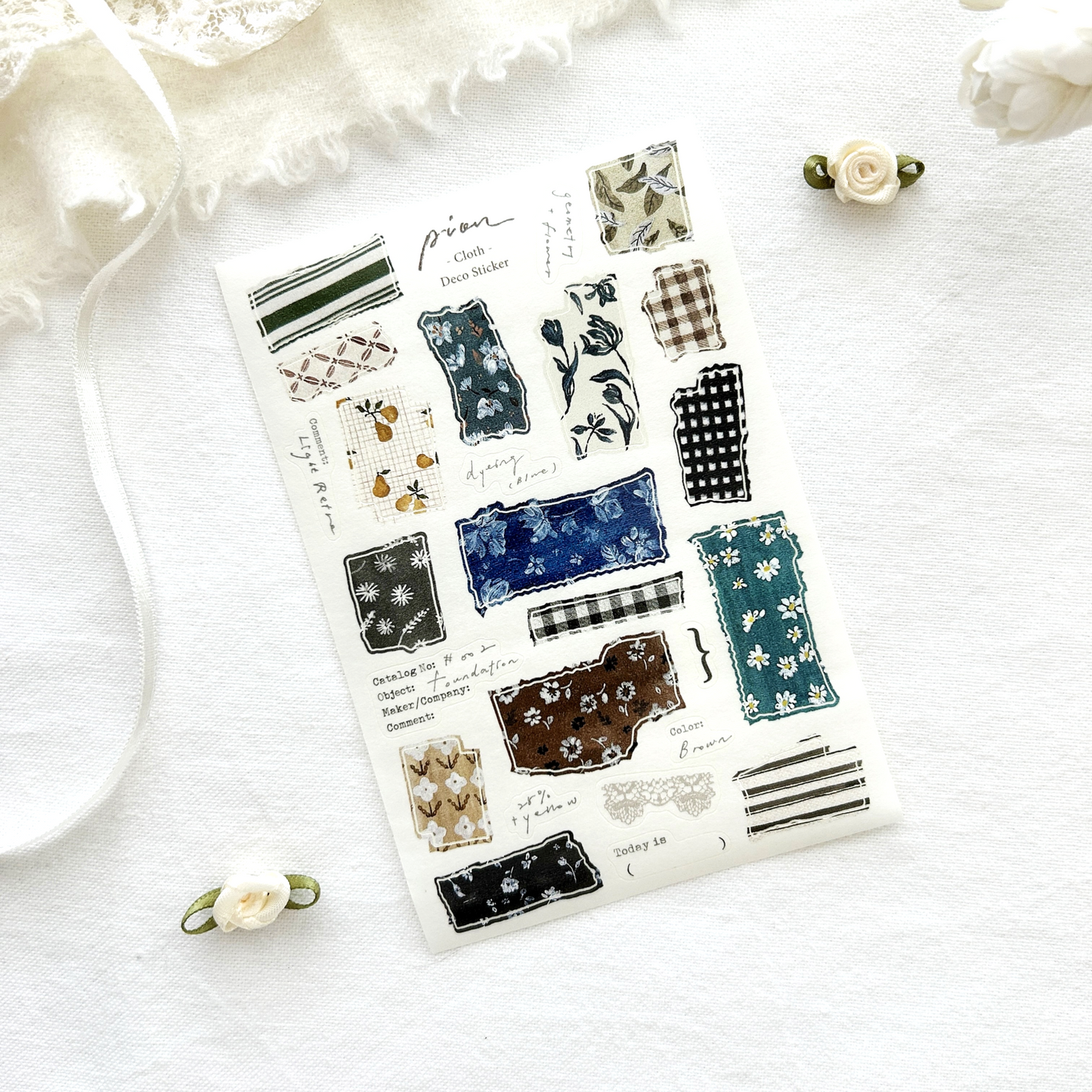 Pion washi kiss-cut sticker titled 'Cloth,' featuring fabric-inspired patterns and textures, Japanese stationery perfect for adding a stylish, textile-like touch to planners, journals, and crafts.