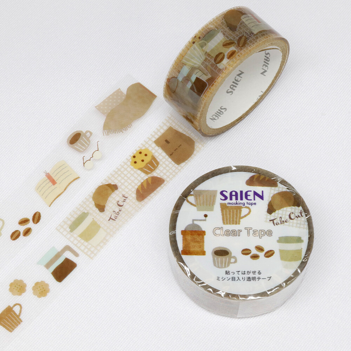 Saien Clear Tape - Coffee Break invites you to savor the cozy charm of your favorite café moments. With delightful illustrations of steaming coffee cups, pastries, and other warm café-inspired elements, this transparent tape effortlessly layers over any surface.