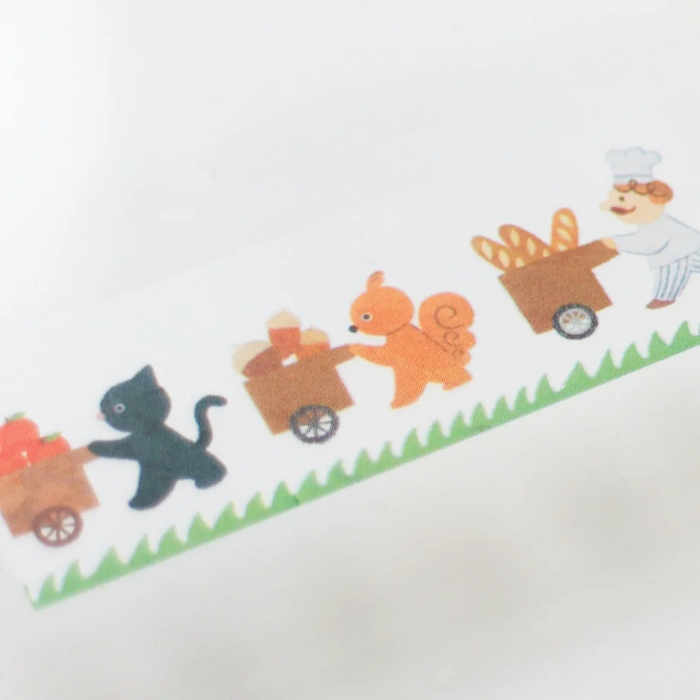 Mariko Fukuoka masking tape titled 'Let's Carry!,' featuring playful illustrations of animals carrying items, Japanese stationery perfect for adding a whimsical touch to planners, journals, and crafts.