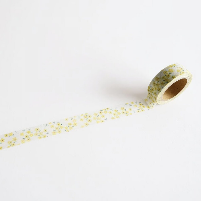 YOHAKU washi tape titled 'Kotonoha' (Y-140), featuring beautifully delicate floral designs in soft yellow hues, Japanese stationery perfect for adding a gentle, botanical touch to planners, journals, and crafts.