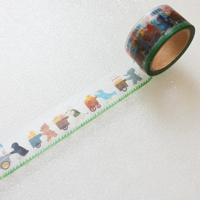 Mariko Fukuoka masking tape titled 'Let's Carry!,' featuring playful illustrations of animals carrying items, Japanese stationery perfect for adding a whimsical touch to planners, journals, and crafts.