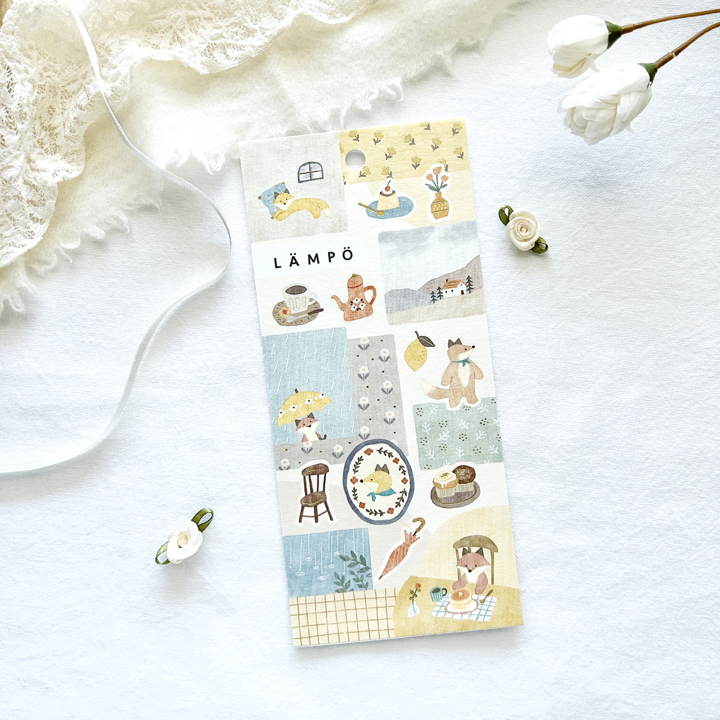 Mind Wave Lampo - Fox and Rain sticker sheet. Perfect for adding a relaxed, cozy touch to journals, planners, and scrapbooks.