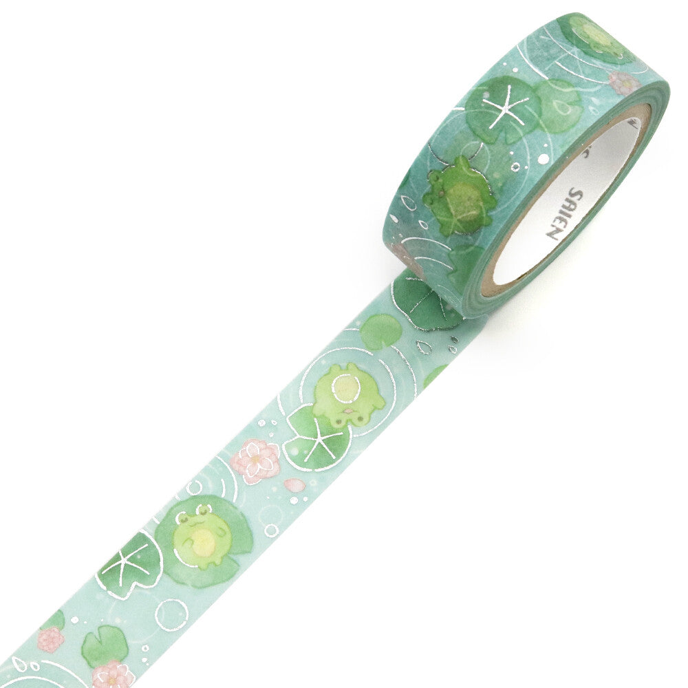 Saien Silver Foil Washi Tape - Frogs and Lily Pads