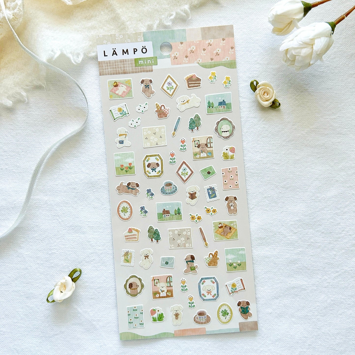 Sheet of decorative stickers with various designs of cute kawaii dogs