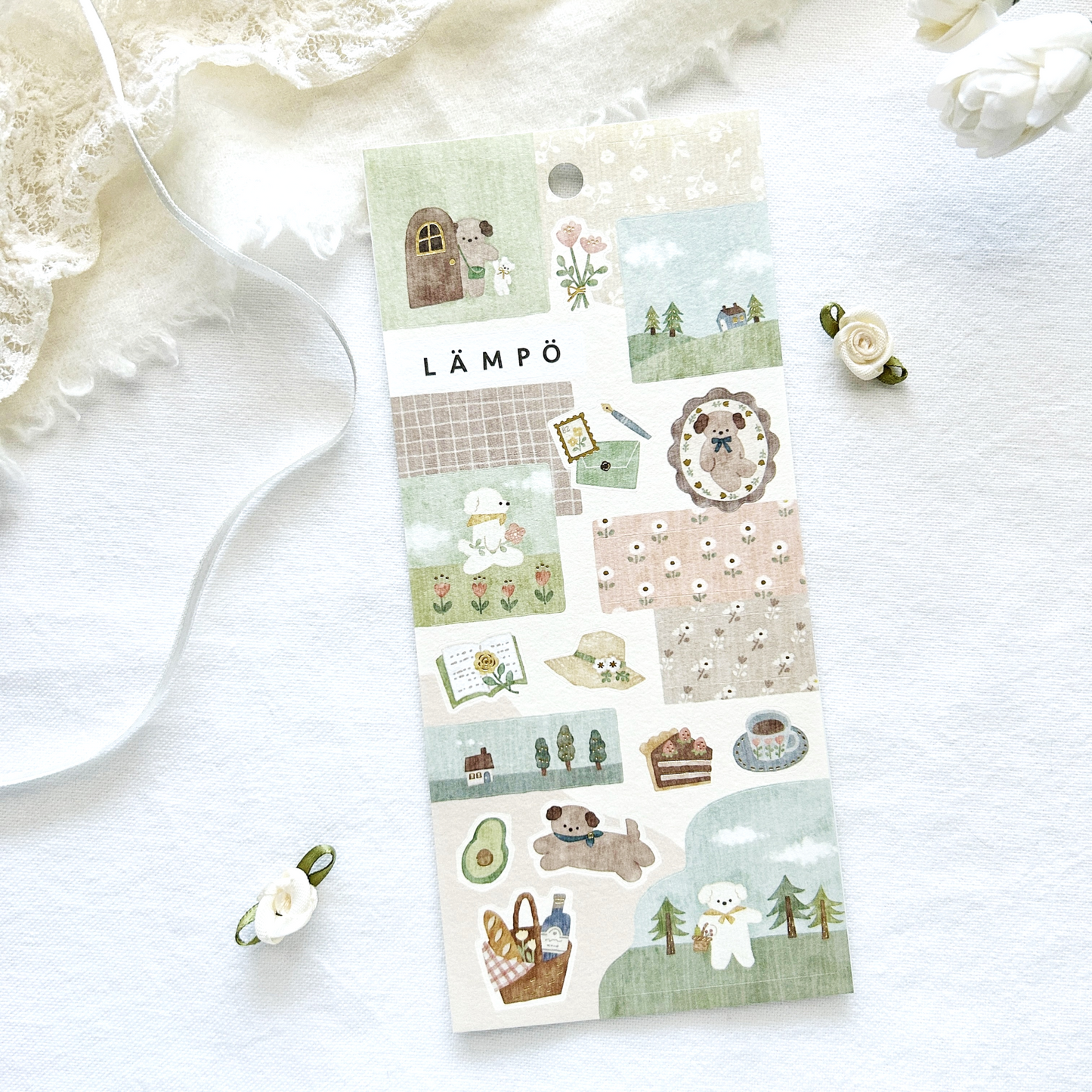 Mind Wave Lampo - Late Afternoon with Inu sticker sheet. Perfect for adding a comforting, dog-friendly vibe to journals, planners, and scrapbooks.