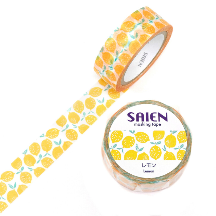 Saien Washi Tape - Lemons is a burst of citrusy charm that brightens any project. Featuring cheerful, golden-yellow lemons nestled among fresh green leaves, this design captures the sunny essence of summer orchards.