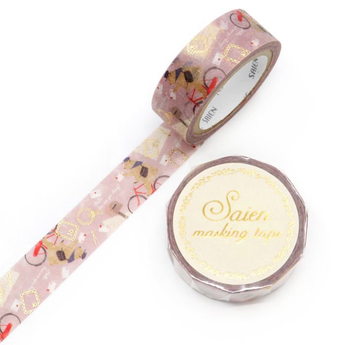 This washi tape featuring a sweet bear on a heartfelt mission to deliver letters, the design is adorned with charming details like envelopes, postage stamp, and touches of sparkling gold foil.