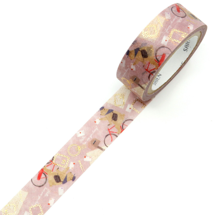 This washi tape featuring a sweet bear on a heartfelt mission to deliver letters, the design is adorned with charming details like envelopes, postage stamp, and touches of sparkling gold foil.