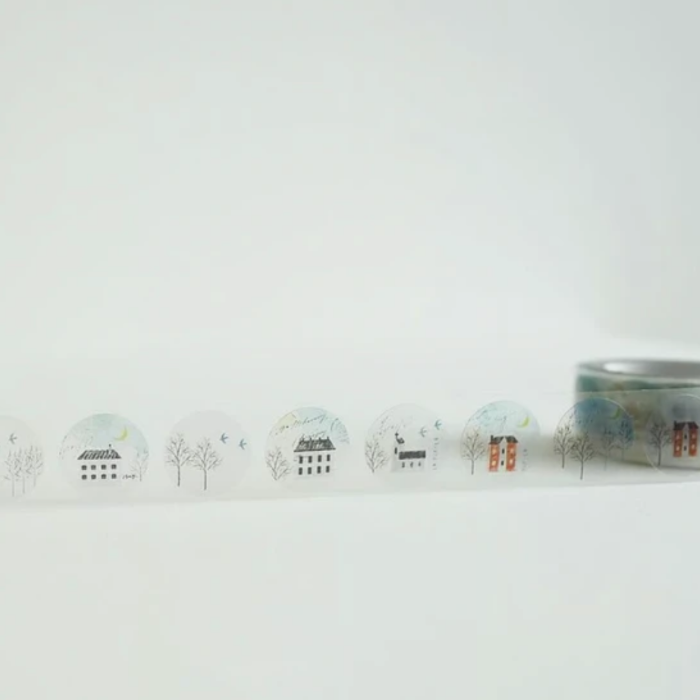 YOHAKU's PET Clear Tape - Itsuka-no-Machikado captures the nostalgia of a quiet street corner, with detailed illustrations of vintage homes perfect for journaling and craft projects.