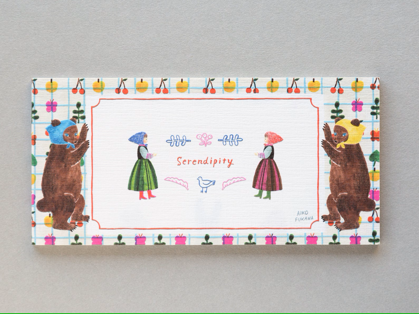 Aiko Fukawa memo pad titled 'Serendipity,' featuring playful, whimsical illustrations of animals and nature elements, Japanese stationery with an enchanting, artistic style.