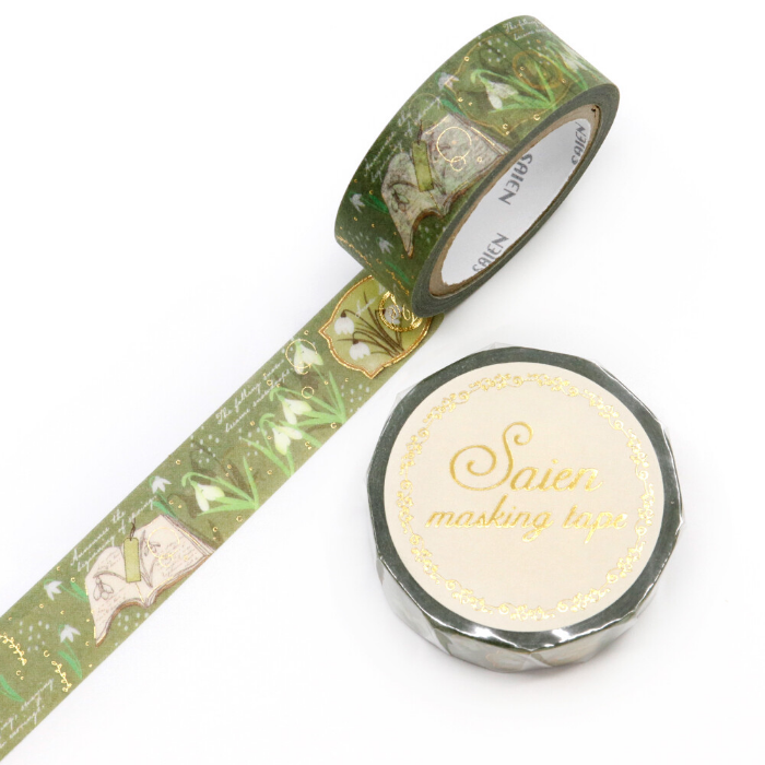 This washi tape is a delicate celebration of early spring, featuring charming snowdrop flowers elegantly arranged with a sprinkling of gold foil accents. Perfect for journaling, scrapbooking and creative projects.