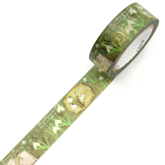 This washi tape is a delicate celebration of early spring, featuring charming snowdrop flowers elegantly arranged with a sprinkling of gold foil accents. Perfect for journaling, scrapbooking and creative projects.