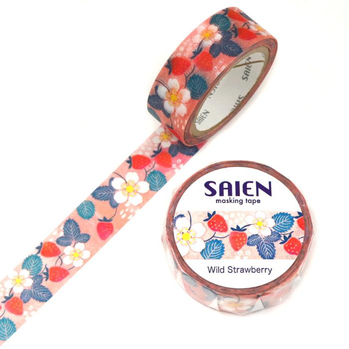 Saien Washi Tape - Wild Strawberry celebrates the delicate charm of nature's tiny treasures. Featuring beautifully illustrated wild strawberries, complete with lush green leaves and tiny blossoms, this design evokes a sense of sweet nostalgia and summertime meadows.