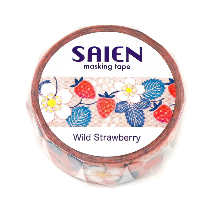 Saien Washi Tape - Wild Strawberry celebrates the delicate charm of nature's tiny treasures. Featuring beautifully illustrated wild strawberries, complete with lush green leaves and tiny blossoms, this design evokes a sense of sweet nostalgia and summertime meadows.
