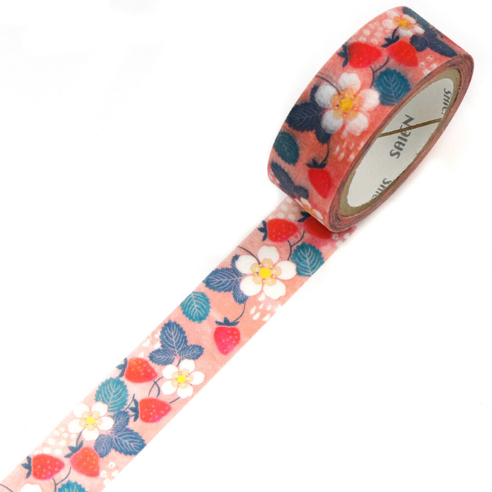 Saien Washi Tape - Wild Strawberry celebrates the delicate charm of nature's tiny treasures. Featuring beautifully illustrated wild strawberries, complete with lush green leaves and tiny blossoms, this design evokes a sense of sweet nostalgia and summertime meadows.