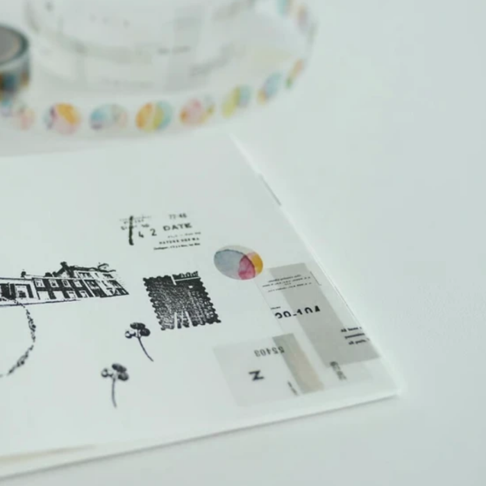 YOHAKU's PET Clear Tape - Hi-Lo adds a playful touch with its blend of abstract patterns, brushstrokes, and geometric shapes, bringing contrast and texture to your projects.