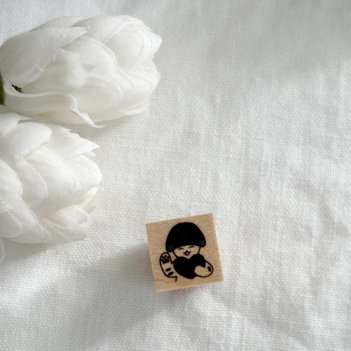 4Legs mini rubber stamp titled 'Mushroom Cat Big Love,' featuring an adorable cat with a mushroom cap, Japanese stationery ideal for adding cute, whimsical designs to planners, journals, and crafts.