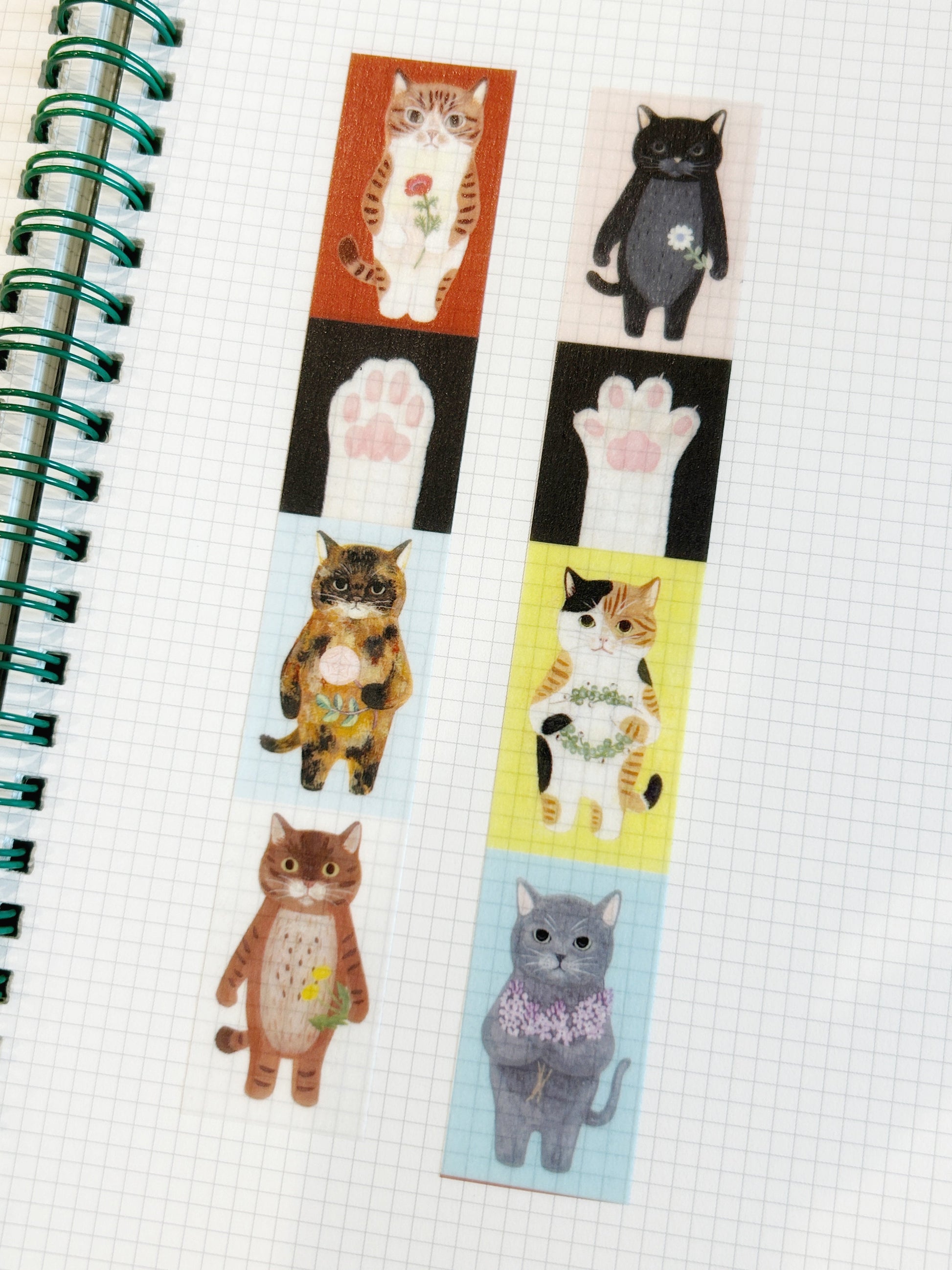 4Legs washi tape titled 'Cats A,' featuring cute cat illustrations in various poses, Japanese stationery ideal for adding a playful touch to planners, journals, and crafts.